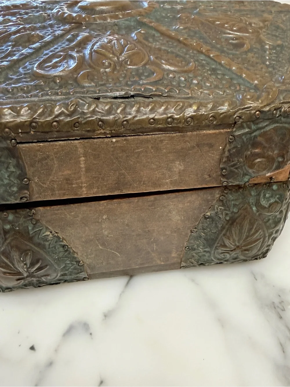Antique Brass & Wood Ornate Hexagonal Decorative Trinket Box from Czech Republic